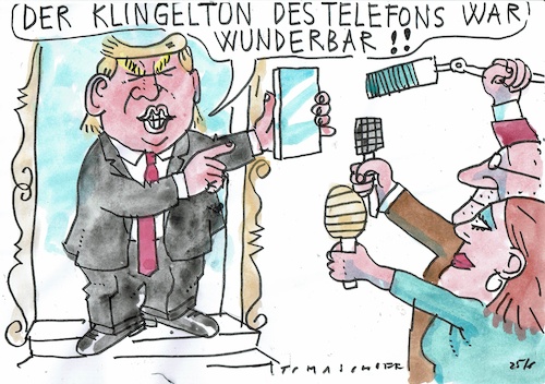 Cartoon: Klingelton (medium) by Jan Tomaschoff tagged trump,diplomatie,selbstlob,telefon,trump,diplomatie,selbstlob,telefon