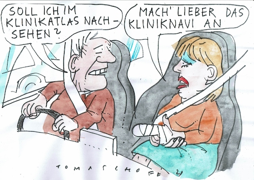 Cartoon: Kliniksuche (medium) by Jan Tomaschoff tagged klinik,atlas,reform,gesundheit,klinik,atlas,reform,gesundheit