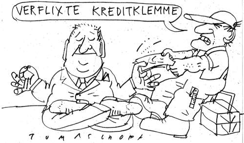 Cartoon: Kreditklemme (medium) by Jan Tomaschoff tagged kreditklemme,banken,wirtschaft,mittelstand,konjunkturgipfel
