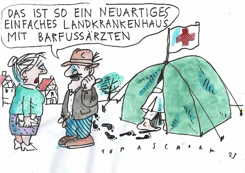 Cartoon: Landkrankenhaus (medium) by Jan Tomaschoff tagged ärztemangel,dorf,stadt,land,ärztemangel,dorf,stadt,land
