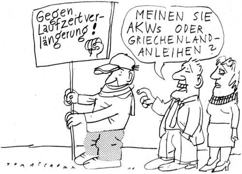 Cartoon: Laufzeitverlaengerung (medium) by Jan Tomaschoff tagged laufzeitverlängerung,akw,atomkraftwerk,griechenland,finanzen,laufzeitverlängerung,akw,atomkraftwerk,griechenland,finanzen