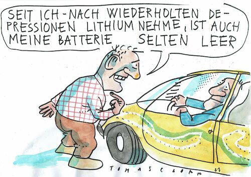 Cartoon: Lithium (medium) by Jan Tomaschoff tagged elektrisches,auto,batterie,lithium,depression,elektrisches,auto,batterie,lithium,depression