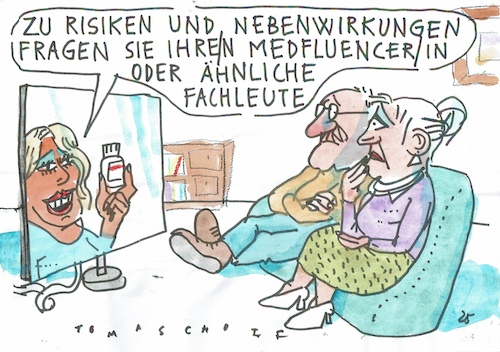 Cartoon: Medfluencer (medium) by Jan Tomaschoff tagged gesundheit,internet,influencer,aufklärung,nebenwirkungen,gesundheit,internet,influencer,aufklärung,nebenwirkungen