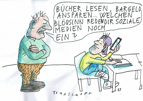 Cartoon: Medien (medium) by Jan Tomaschoff tagged soziale,medien,lesen,bargeld,soziale,medien,lesen,bargeld