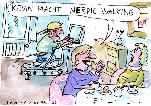 Cartoon: no (medium) by Jan Tomaschoff tagged no,nerdic,walking,nordic,computer,kids,online,gamer,spielen,homeschooling,gesundheit,fitness,eltern,kinder,mutter,tante,besuch,stolz,entwicklung