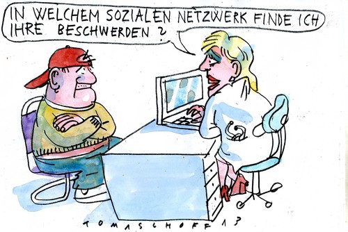 Cartoon: no (medium) by Jan Tomaschoff tagged arzt,arzt,ärztin,soziales,netzwerk,patient,computer,online,internet,facebook,instagram,myspace,telegram,whats,app,jung,jugendlich,krank,gesund,beschwerde