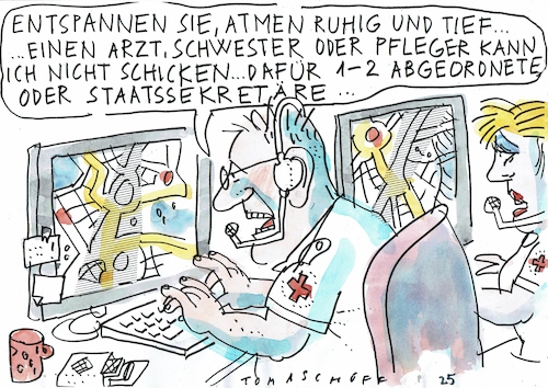 Cartoon: Notruf (medium) by Jan Tomaschoff tagged gesundheit,fachkräftemangel,politik,bürokratie,gesundheit,fachkräftemangel,politik,bürokratie