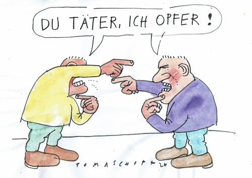 Cartoon: Opfer Täter (medium) by Jan Tomaschoff tagged aggression,opfer,täter,umkehr,streit,aggression,opfer,täter,umkehr,streit