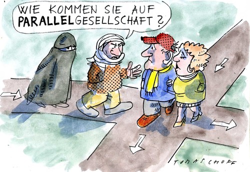 Cartoon: Parallel? (medium) by Jan Tomaschoff tagged parallelgesellschaft,migration,toleranz,parallelgesellschaft,migration,toleranz