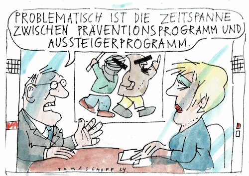 Cartoon: Programme (medium) by Jan Tomaschoff tagged kriminaliutät,prävention,aussteiger,kriminaliutät,prävention,aussteiger