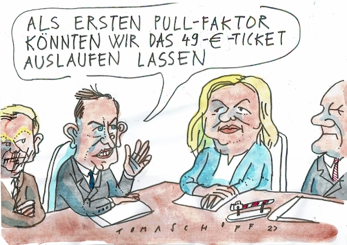 Cartoon: Pull-Faktor (medium) by Jan Tomaschoff tagged migration,sparen,deutschlandticket,migration,sparen,deutschlandticket