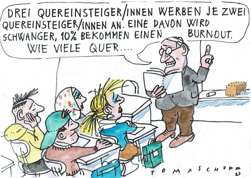 Cartoon: Quereinsteiger (medium) by Jan Tomaschoff tagged pisa,schule,mathematik,lehrermangel,pisa,schule,mathematik,lehrermangel