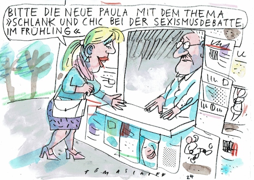 Cartoon: schick (medium) by Jan Tomaschoff tagged frau,mode,sexismus,aussehen,frau,mode,sexismus,aussehen
