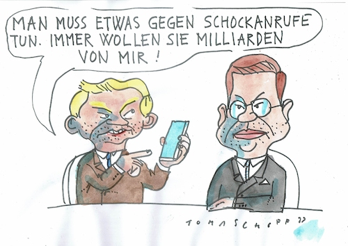 Cartoon: Schockanrufe (medium) by Jan Tomaschoff tagged haushalt,staatsschulden,lindner,haushalt,staatsschulden,lindner