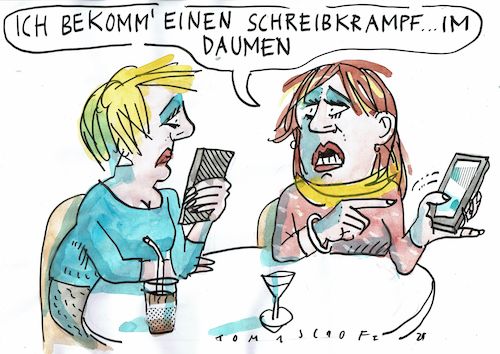 Cartoon: Schreibkrampf (medium) by Jan Tomaschoff tagged handy,kommunikation,digitalisierung,handy,kommunikation,digitalisierung
