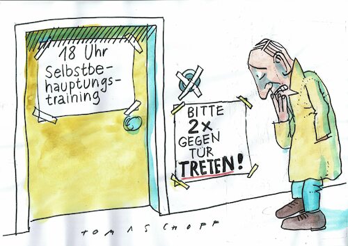 Cartoon: Selbstnbehauptungstraining (medium) by Jan Tomaschoff tagged hemmungen,selbstvertrauen,psychotherapie,hemmungen,selbstvertrauen,psychotherapie