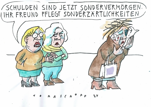 Cartoon: Sonderzärtlichkeit (medium) by Jan Tomaschoff tagged staatsschulden,sondervermögen,gewalt,staatsschulden,sondervermögen,gewalt