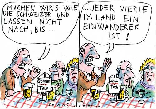 Cartoon: Stammtischparolen (medium) by Jan Tomaschoff tagged einwanderung,schweiz,einwanderung,schweiz