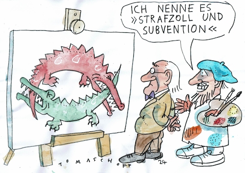 Cartoon: Strafzoll (medium) by Jan Tomaschoff tagged wettbewerb,strafzoll,subvention,wettbewerb,strafzoll,subvention