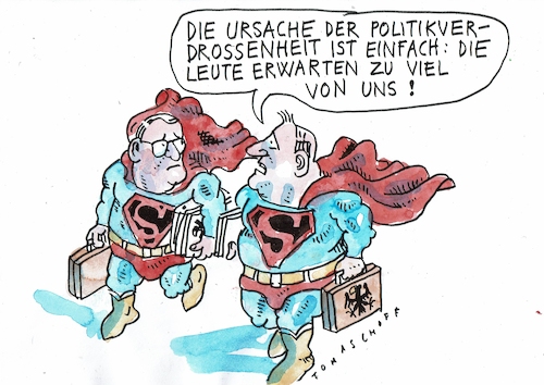 Cartoon: Superpolitiker (medium) by Jan Tomaschoff tagged politiker,supermann,selbstdarstellung,politiker,supermann,selbstdarstellung