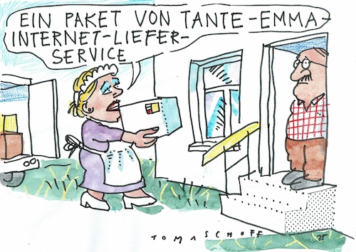 Cartoon: Tante Emma (medium) by Jan Tomaschoff tagged handel,internet,lieferdienste,handel,internet,lieferdienste