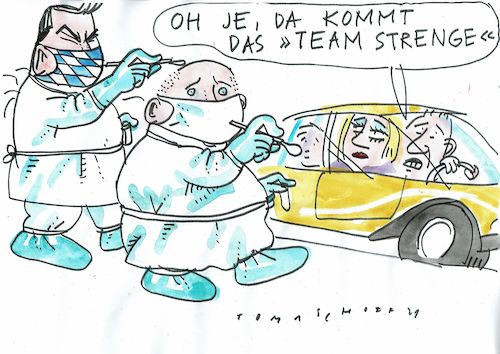 Cartoon: Tests (medium) by Jan Tomaschoff tagged corona,teats,söder,braun,corona,teats,söder,braun