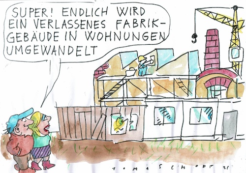 Cartoon: Umwandlung (medium) by Jan Tomaschoff tagged wirtschaft,deindustrialisierung,wohnungsnot,wirtschaft,deindustrialisierung,wohnungsnot
