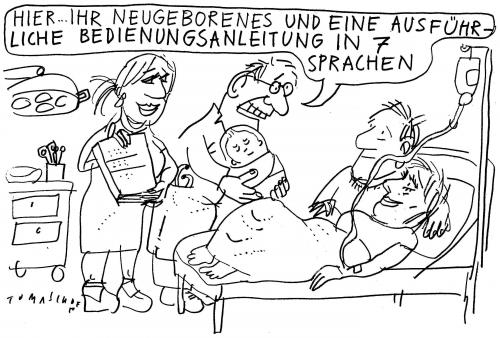 Cartoon: Welcome (medium) by Jan Tomaschoff tagged familienpolitik,familienpolitik,familie,nachwuchs,famlienplanung,anleitung,bedienungsanleitung,erziehung,bildung,eltern,mutter,vater,kind,baby,kreissaal,krankenhaus,geburt,planung,verantwortung