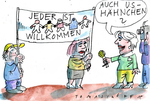 Cartoon: Willkommenskultur (medium) by Jan Tomaschoff tagged einwanderung,ttip,hähnchen,einwanderung,ttip,hähnchen