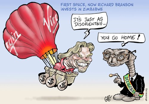 Cartoon: Branson in Zimbabwe (medium) by Damien Glez tagged zimbabwe,branson,virgin,mugabe