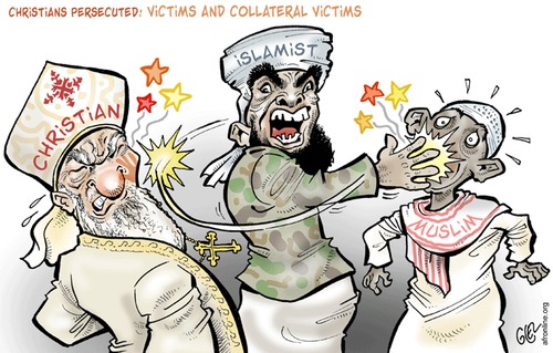 Cartoon: Collateral Victims (medium) by Damien Glez tagged christian,islamist,muslim