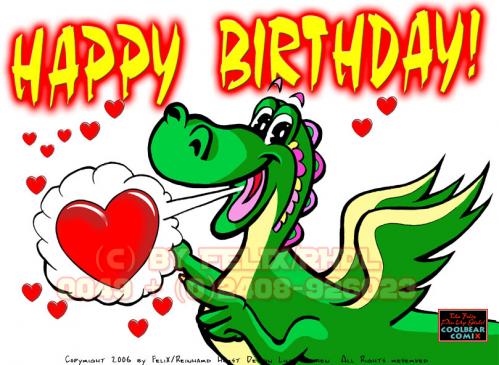 Cartoon: Happy Birthday Dragon! (medium) by FeliXfromAC tagged felix,reinhard,horst,dragon,drache,happy,birthday,comix,poster,comic,cartoon,stockart,greeting,card,logo,mms,handy,mobile,services,illustrator,herz,heart,liebe