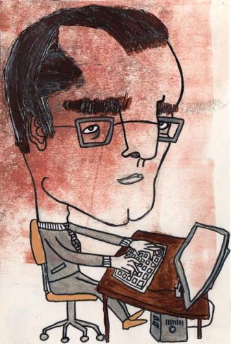 Cartoon: buerohengst (medium) by illustrita tagged boring,job,wok,office,computer,man,mann,suit,glasses,brain,dead
