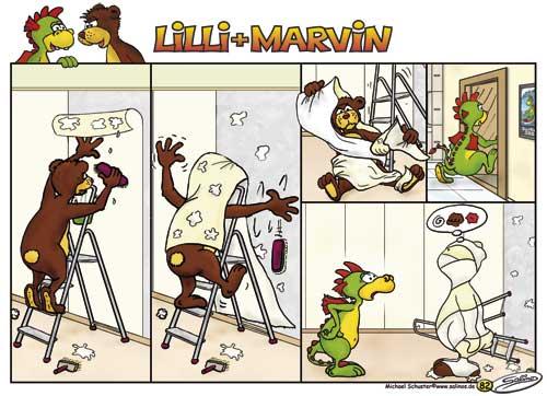Cartoon: Lilli und Marvin - Die Tapete (medium) by salinos tagged lilli,marvin,tapete,tapezieren,renovieren,salinos,salinoscartoon