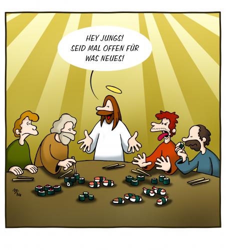 Cartoon: Abendmahl (medium) by volkertoons tagged volkertoons,cartoon,humor,jesus,abendmahl,sushi,religion,dogma,jesus,ehrfurcht,bibel,evangelische,frömmigkeit,gebet,gemeinde,glaube,glauben,glaubensbekenntnis,glaubensrichtung,gottesfürchtigkeit,jesus christus,testament,christ,christentum,heilig,gläubig,ethik,weltreligion,abendmahl,kirche,gottesdienst,apostel,sushi,japan,gericht,meeresfrüchte,nahrung,essen,ernährung,toleranz,religion,dogma,gesellschaft,kultur,tradition,tolerant,offen,christus