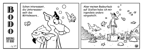 Cartoon: BODO - Badespaß (medium) by volkertoons tagged volkertoons,cartoon,comic,strip,bodo,ratte,rat,mittelmeer,tauchen,diving,badespaß,meer,sea,mafia,beton,ratte,klettern,tourismus,bergsteigen,einsamkeit,freiheit,sport,comic