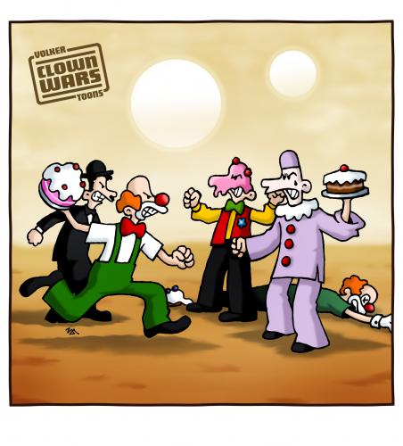 Cartoon: Clown Wars (medium) by volkertoons tagged volker,dornemann,volkertoons,cartoon,humor,persiflage,kino,cinema,film,movie,george,lucas,films,filme,star,wars,starwars,clonewars,clowns,jedi,krieg,der,sterne,albern,lustig,tatooine,tortenschlacht,persiflage,george lucas,kino,star wars,clonewars,clone wars,jedi,krieg der sterne,tatooine,tortenschlacht,clowns,luke skywalker,darth vader,obiwan kenobi,anakin skywalker,yoda,george,lucas,star,wars,clone,krieg,der,sterne,luke,skywalker,darth,vader,obiwan,kenobi,anakin