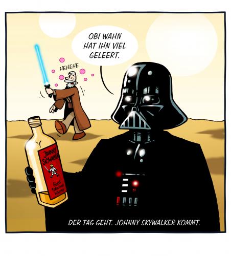 Cartoon: Johnny Skywalker (medium) by volkertoons tagged starwars,whisky,cartoon,volkertoons,volker,dornemann,alkohol,alcohol,darth,vader,obi,wan,kenobi,tatooine,humor,lustig,albern,persiflage,star wars,krieg der sterne,film,kino,sciencefiction,saga,darth vader,alkohol,luke skywalker,johnny walker,whisky,persiflage,betrunken,besoffen,gut,böse,trick,falle,werbung,trinken,genussmittel,abhängigkeit,gefahr,star,wars,krieg,der,sterne,darth,vader,luke,skywalker,johnny,walker,jedi