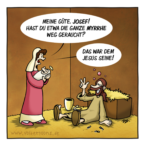 Cartoon: Myrrhejunkie (medium) by volkertoons tagged lustig,albern,junkie,addicted,addiction,drugs,drug,smoke,rauchen,drogen,kiffen,religion,myrrhe,weihrauch,könige,drei,heilige,stall,josef,maria,christus,jesus,cartoon,volkertoons,religion,glaube,bibel,kirche,weihrauch,myrrhe