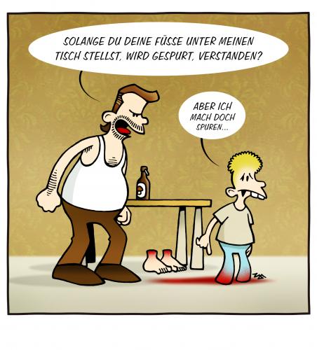 Cartoon: Spuren (medium) by volkertoons tagged evil,parents,kinder,eltern,cartoon,volkertoons,elternhaus,eltern,familie,familienbetrieb,familienbild,familiendrama,familienkreis,häusliche gewalt,jugendamt,jugendhilfe,kind,kinder,kinderhilfe,kindesmissbrauch,kindesmisshandlung,körperverletzung,mann,misshandlung,neue väter,streit,sorgerecht,vaterrolle,vater,sohn,füße,fuß,gliedmaßen,extremitäten,laufen,gehen,blut,verletzung,macht,autorität,folter,strafe,wortspiel,erziehung,konsequenzen,jugend,jugendlicher,spur,blutspur,verbrechen,häusliche,gewalt,neue,väter