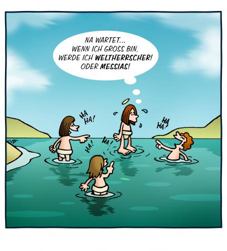 Cartoon: Walking on Water (medium) by volkertoons tagged jesus,water,childhood,wasser,kindheit,cartoon,volkertoons
