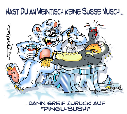 Cartoon: Muschi i!Sushi (medium) by cartoonist_egon tagged sushi,muschi,pinguin,eisbär