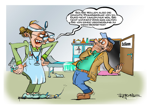 Cartoon: Praxisgebühr oder Bestatterraba (medium) by cartoonist_egon tagged praxis,gebühr,arzt,patient,bestatter