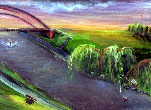 Cartoon: Flussidylle (medium) by Fräulein Trullala tagged sommer,abend,licht,landschaft,angeln,tod,springen,idylle