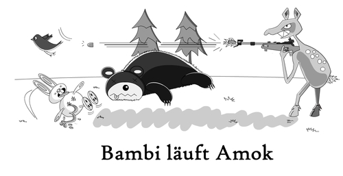 Cartoon: Bambi läuft Amok (medium) by Tricomix tagged bambi,wald,tiere,hase,bär,amoklauf,amok,gewehr,waldlichtung,schießen,tod,fichte,tanne,mangold,leben,unterm,telespargel