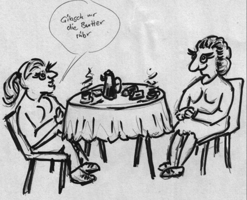 Cartoon: Schwäbische Feministinnen (medium) by sier-edi tagged artikel,butter,dialekt,feminismus,frühstück,schwäbisch