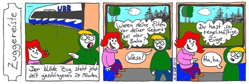 Cartoon: Zuggereiste (medium) by weltalf tagged zug,bahn,bahnfahrt,anhaltspunkt,haltepunkt,scheinenersatzverkehr