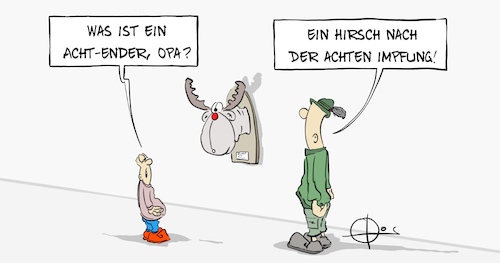 Cartoon: 20211212-CoronaAchtender (medium) by Marcus Gottfried tagged impfung,wiederholen,jagd,achtender,hirsch,rentier,geweih,impfung,wiederholen,jagd,achtender,hirsch,rentier,geweih