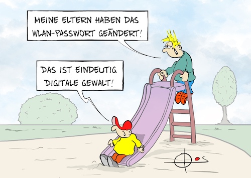 Cartoon: 20260330-DigitaleGewalt (medium) by Marcus Gottfried tagged gewalt,digital,online,deepfake,ulmen,fernandes,spielplatz,kinder,rutsche,wlan,passwort,erziehung,gewalt,digital,online,deepfake,ulmen,fernandes,spielplatz,kinder,rutsche,wlan,passwort,erziehung