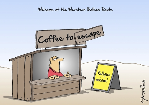 Cartoon: Balkan Route (medium) by Marcus Gottfried tagged war,west,balkan,route,refugees,europe,germany,syria,coffee,to,go,business,welcome,marcus,gottfried,cartoon,caricature,war,west,balkan,route,refugees,europe,germany,syria,coffee,to,go,business,welcome,marcus,gottfried,cartoon,caricature